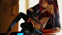 Anime sitting boots twintails dark skin thigh highs
