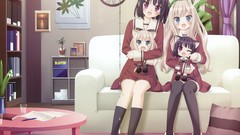 Anime sitting schoolgirls stockings blondes skirts smiling 