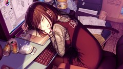 Anime sleeping Computers Messy drinks drawings anime girls 