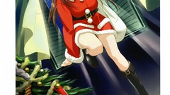 Anime smiling anime girls brunettes purple eyes standing Santa 