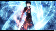 Anime sword art online dark hair black eyes red eyes fire