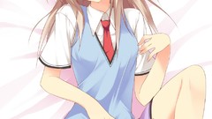 Anime tie red eyes blondes skirts blush anime girls lying down 