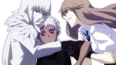 Anime tie white background white hair red eyes gloves long hair 