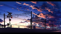 Anime train station power lines clouds traffic lights artwork