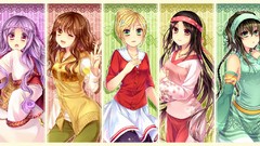 Anime two blondes pink eyes anime girls green eyes brown eyes 