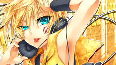 Anime vocaloid headphones tongues tongue out blonde arms up