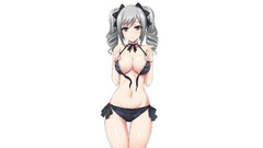 Anime white background pink eyes anime girls gray hair cleavage 