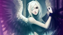 Anime white hair anime girls purple eyes angel wings topless 
