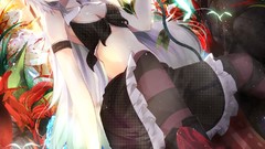 Anime white hair red eyes skirts long hair anime girls cleavage 