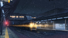 Anime winter lights train station train snow night