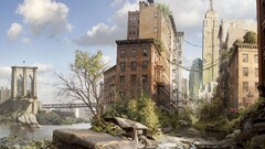 apocalyptic artwork new york city USA wreck ruin futuristic sky