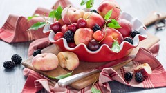 Apples food Knives cherries fruits blackberries napkins bowls
