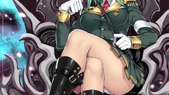 Army tie hats military gloves sitting skirts anime girls boots 