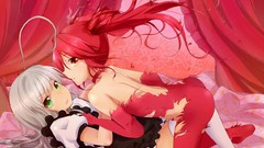 Artist beds red eyes blush anime girls green eyes gray hair 