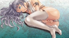 Ass long hair anime girls blue eyes lying down silver hair 