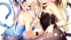 Ass white background fangs white hair red eyes Ribbons bows 