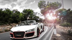 Audi audi r8 Audi R8 Spyder white cars Trees road vehicle clouds