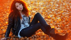 Autumn woman asians redheads fallen leaves Paulina Sliwinska
