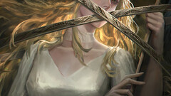 Bach Zim (Artist) blonde looking at viewer dress white dress