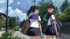Bags outdoors brunettes school uniforms skies kishida mel 