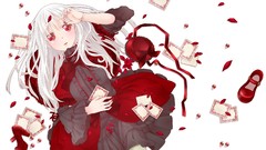Balls Shoes Anime tears Cards dress hats white hair red eyes 