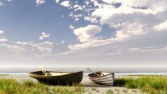 beach rowboat sky clouds vehicle boat outdoors Sea calm horizon