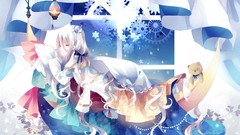 Bears Ribbons curtains long hair anime girls gray hair lying 