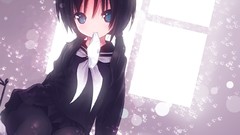 Beds anime girls blue eyes school uniforms black hair panties 