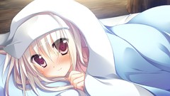 Beds blondes blush anime girls indoors game cg purple eyes 