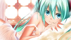 Beds blush smiling long hair anime girls lingerie blue eyes 