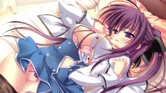 Beds legs blush blue eyes short hair bra seifuku ecchi cleavage 