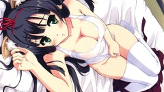 Beds Ribbons blush long hair anime girls black hair nekomimi 