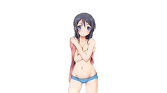 Belly slim legs blush black hair purple eyes ecchi cleavage 