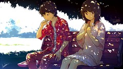 Bench sitting Parks outdoors anime girls brown eyes brunettes 