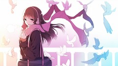 Birds Bags scarfs long hair anime girls brown eyes brunettes 