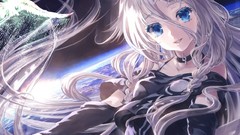 Birds Earth white hair planets stockings skirts long hair anime 
