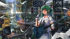 Birds feathers gloves guitars outdoors microphones anime girls 