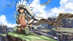 Birds gloves Swords tattoos pigtails black hair purple eyes 