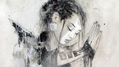 Black and white abstract salute drawings asians luis royo