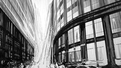 Black and white cars paintings monochrome buildings cityscapes 