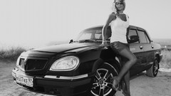 Black and white monochrome Volga blondes models girls with cars 