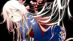 Black background kimono long hair anime girls blue eyes braids 