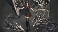 Black dark dress red eyes transformation bows stockings anime 