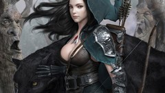 Black hair Archers fantasy art pale skin 3D renders bow and 