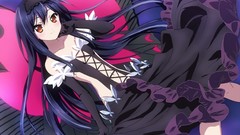 Black wings dress smiling long hair anime girls yellow eyes 