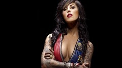 Black woman black background tattoos brunettes cleavage Kat von 
