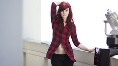 Black woman jeans stomach redheads cleavage window panes 