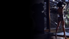 Black woman latex Eva Mendes stockings bra standing arms raised 