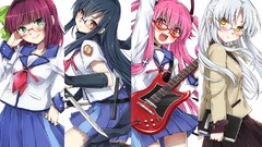 Blade Anime glasses red eyes blush blue hair pink hair long 