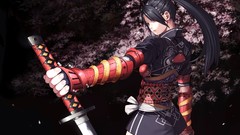 Blade Katana Anime armor red eyes anime girls brown eyes black 